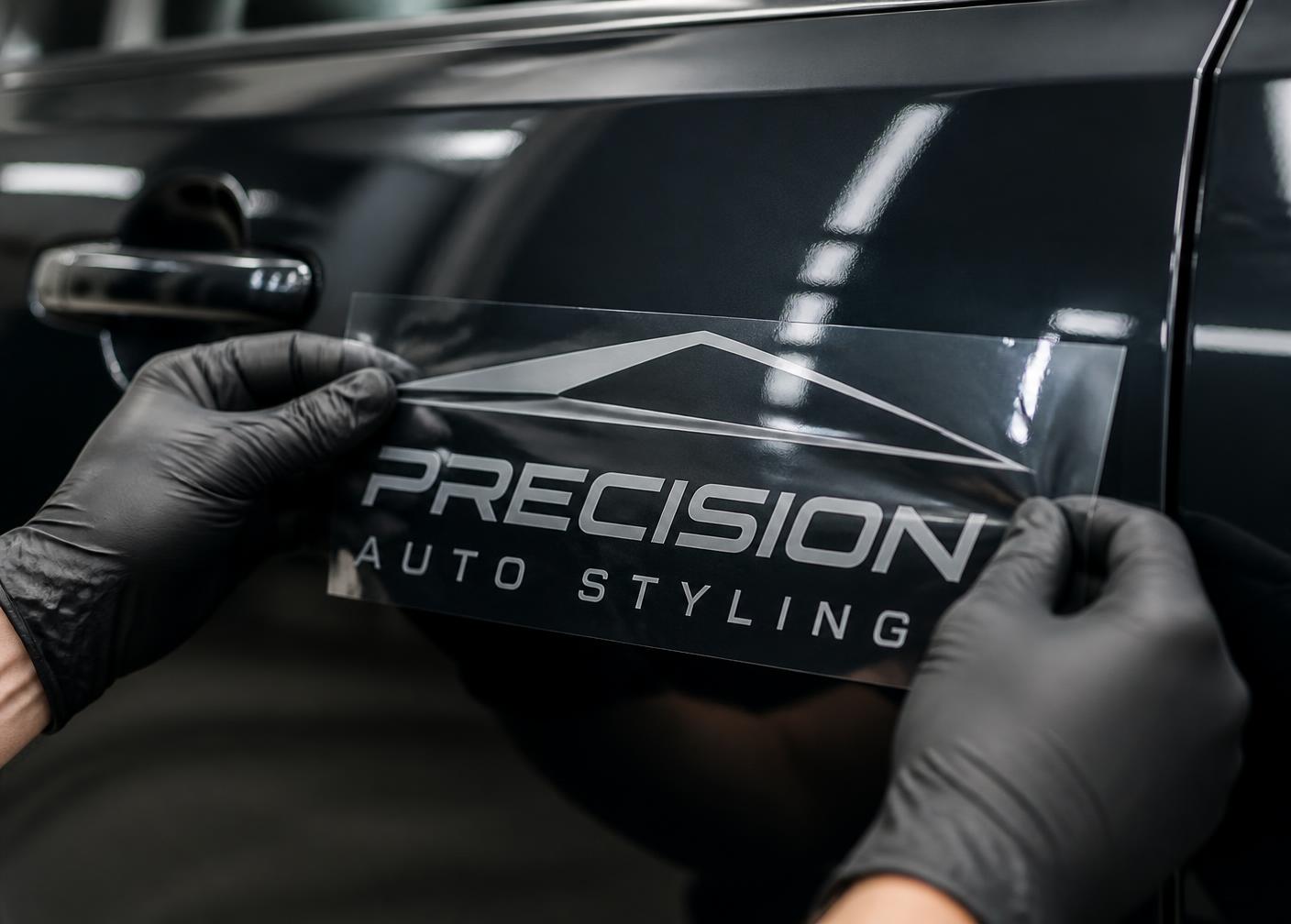 Installer applying a sponsor decal to a car door panel
